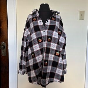 Vintage Plaid Button-Up Shirt with Pumpkin Embroidery